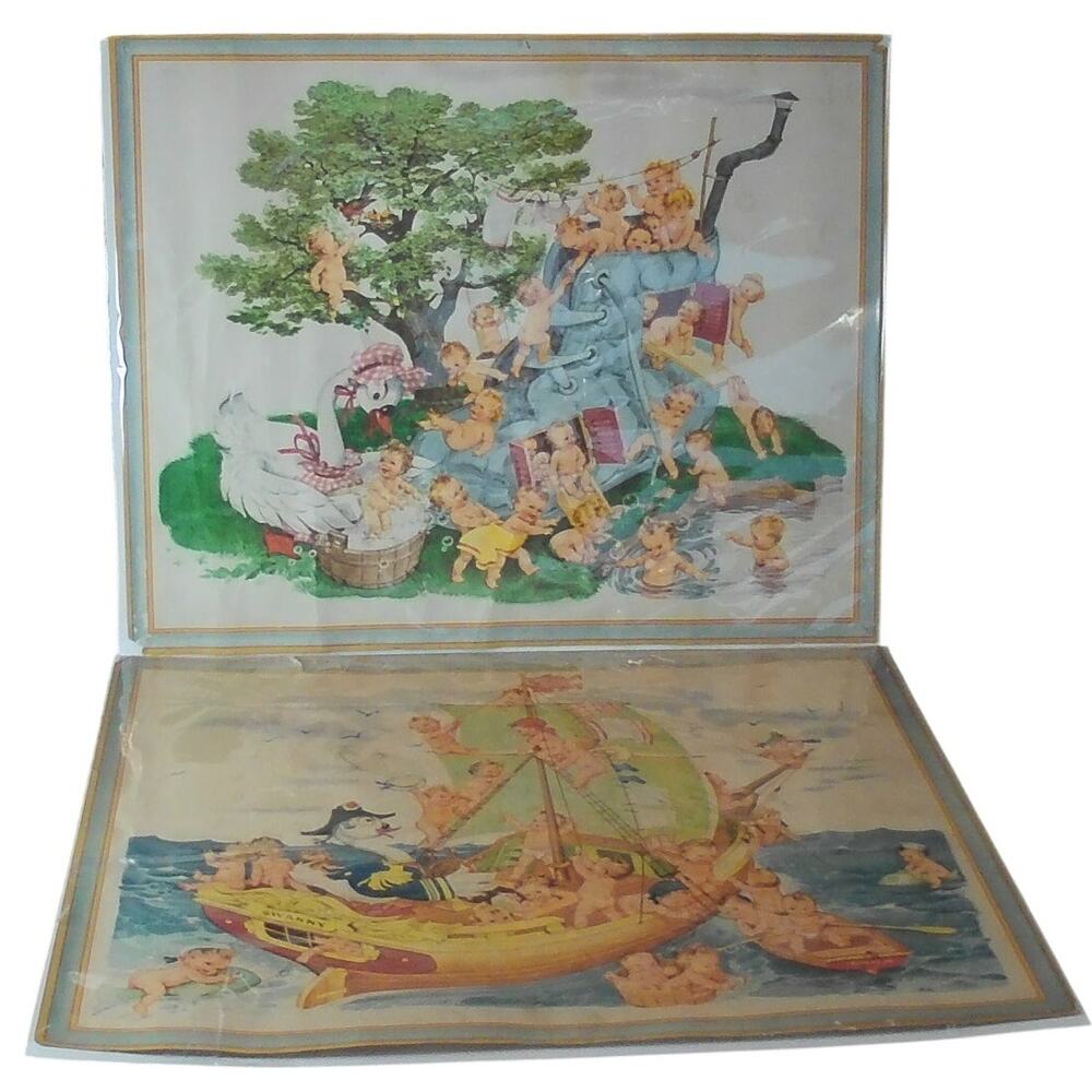 MCM 1940s Swanny Babies Swan Soap Print Sailing Ship & Shoe 12" X 15" Unframed